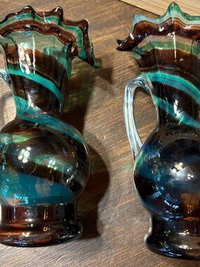 Vintage Pair of Hand-Blown Art Glass Swirl Pitchers